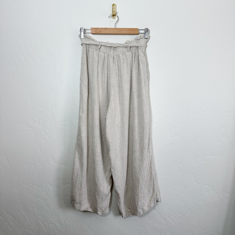 First Monday |‎ Linen Wide Leg Cropped Ankle Paperbag Tie Pants in Beige - Picture 2 of 4